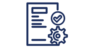 Blatt mit Text, Zahnrad und Haken - Grafik